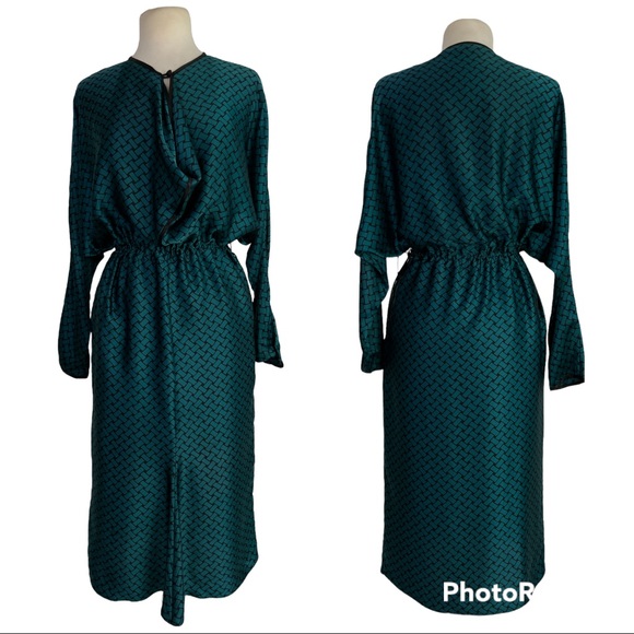 Janice Wainwright Vintage 1970s Teal Blue Black Print Cowl Neck Dolman Dress 8 - Picture 1 of 12